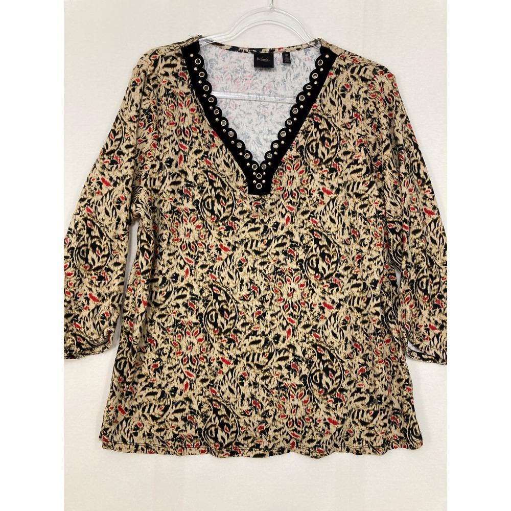 Rafaella‎ V-Neck Top 2X Tan Abstract Floral Grommet Scallop 3/4 Sleeve Stretch